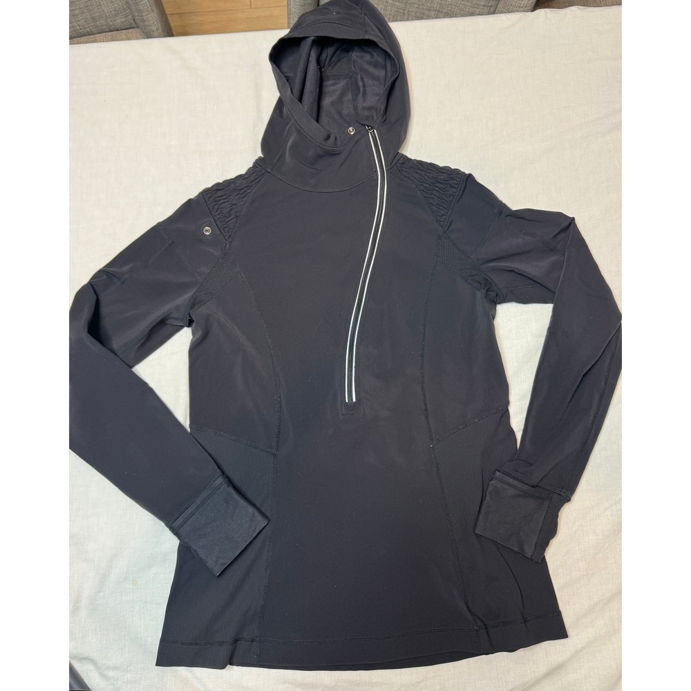 Lululemon Women's Size 12 Black Hooded Half Zip Pullover Ruched Running Top